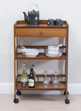 高档移动手推工具车实木厨房置物架子三层带轮储物杂物火锅店菜架