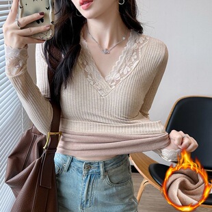 保暖上衣女长袖T恤秋冬季加绒加厚蕾丝v领秋衣内搭紧身打底衫外穿