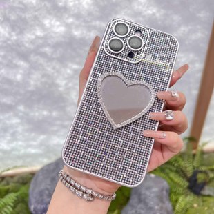 闪闪爱心镜子DIY贴钻手机壳适用苹果15Promax通用14Promax创意ins
