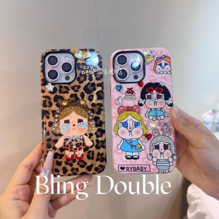 豹纹哭娃二合一水钻手机壳手机壳适用苹果16promax15 13华为