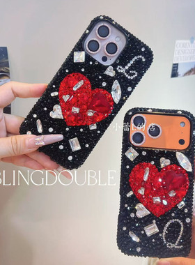 正红爱心黑色满钻字母定制手机壳适用苹果17promax/16pro/17p华为