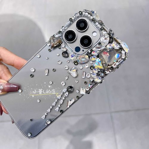 ins高级灰歪心流苏堆钻贴钻手机壳苹果15promax保护套14pro华为13