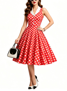 1950年代法式港风复古波点撞色领无袖中长款大摆表演轻礼服连衣裙