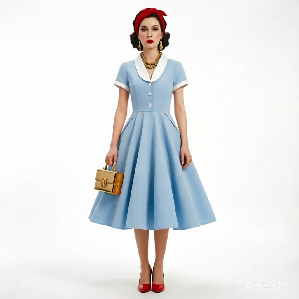 赫本风复古英伦美式古典风格贵族范老钱遮腰臀显瘦撞色大摆连衣裙