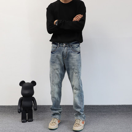 新款2025春夏季潮牌牛仔裤男款宽松直筒男士复古高端猫须破洞长裤