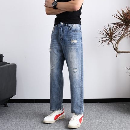 复古蓝色水洗破洞牛仔裤男2025新款夏季宽松直筒美式潮牌九分裤子