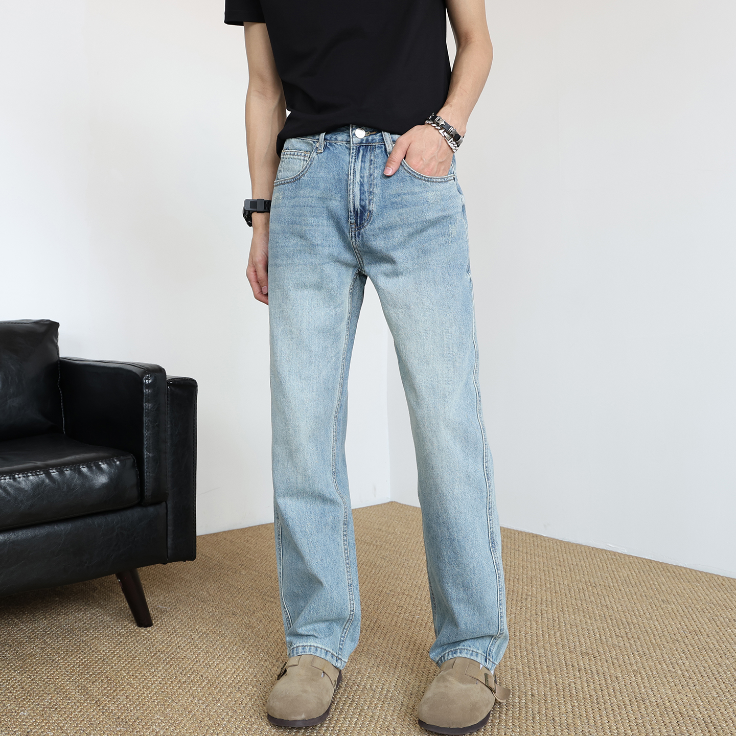 美式直筒牛仔裤男士秋季爆款2025新款休闲裤通勤宽松浅蓝色长裤子