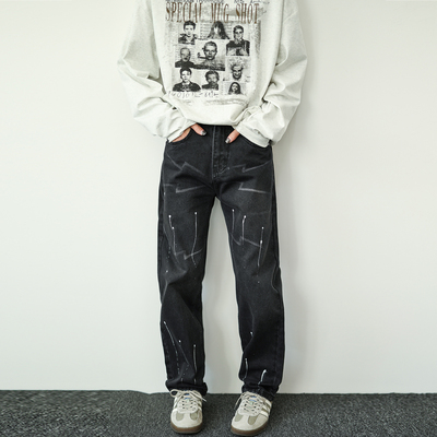 美式直筒黑色牛仔裤男款涂鸦设计