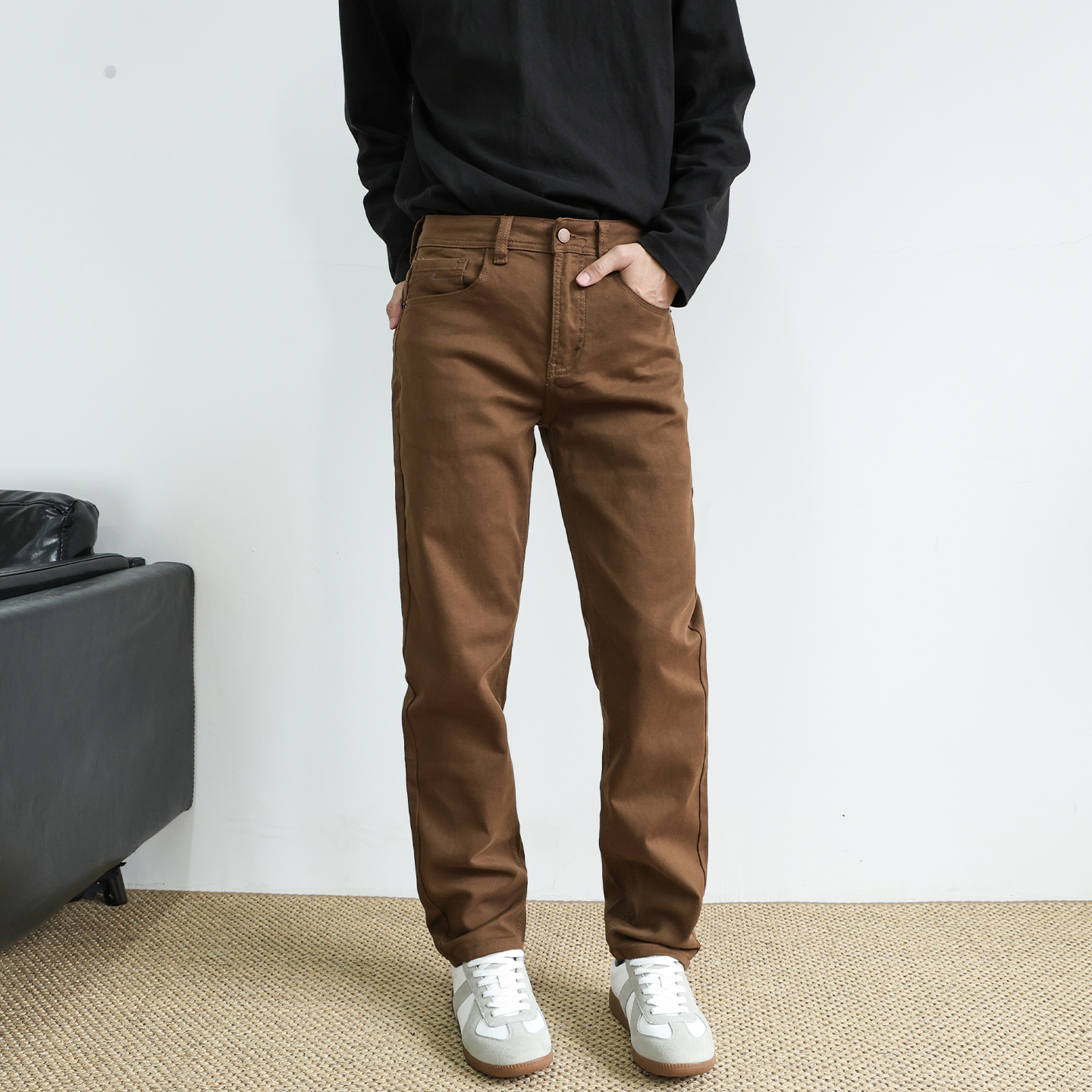 修身直筒咖啡色牛仔裤男秋季水洗