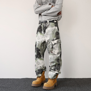 美式休闲痞帅泼墨迷彩弯刀裤男士大口袋工装裤直筒宽松工装裤长裤