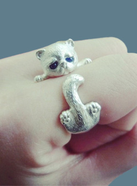 日韩简约可爱小猫戒指女开口kt猫耳朵小狗指环小动物卡通跨境饰品