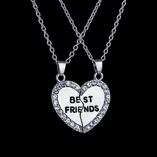两瓣镶钻best friend项链 爱心英文好朋友吊坠项饰女 欧美热销时尚