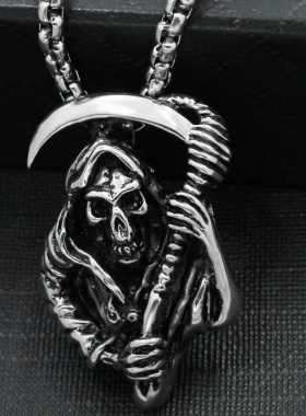 2023日韩骷髅死神镰刀吊坠项链霸气个性朋克潮男项坠链
