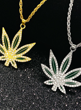 潮流嘻哈摇滚镶钻画油枫叶项链欧