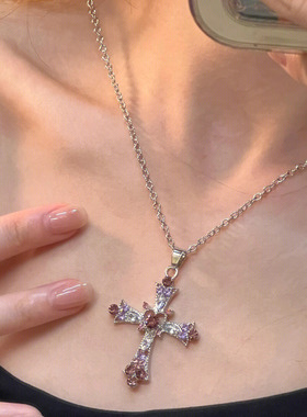 甜酷风辣妹十字架项链女重工镶钻哥特欧美风项链设计锁骨链