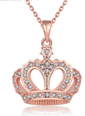 欧美项饰时尚镶钻项链尊贵个性皇冠金色吊坠饰品毛衣链
