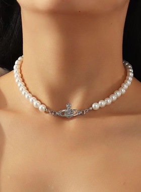 西太后同款星球仿珍珠项链欧美时尚ins同款金属镀金锁骨项链女