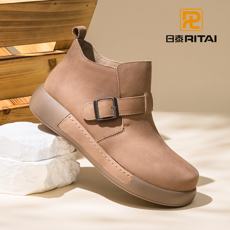 日泰女鞋冬季新款复古休闲鞋百搭勃肯女短靴真皮厚底皮带扣马丁靴