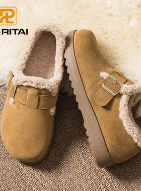 日泰全包勃肯鞋女加绒保暖毛棉鞋雪地靴2025冬季新款一脚蹬毛毛鞋