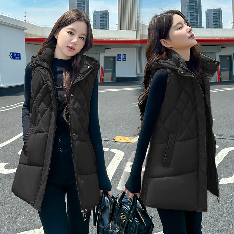 中长款羽绒棉马甲女2025秋冬季新款可脱卸帽马夹坎肩无袖棉服背心