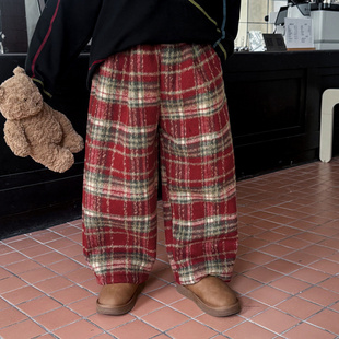 2025男童冬款百搭红色格子中大童呢子裤宽松加绒加厚儿童裤子