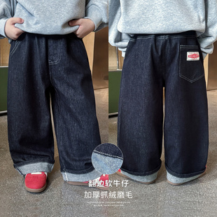 2025男童冬季新款时尚贴标宝宝休闲裤抓绒加厚翻边儿童牛仔裤