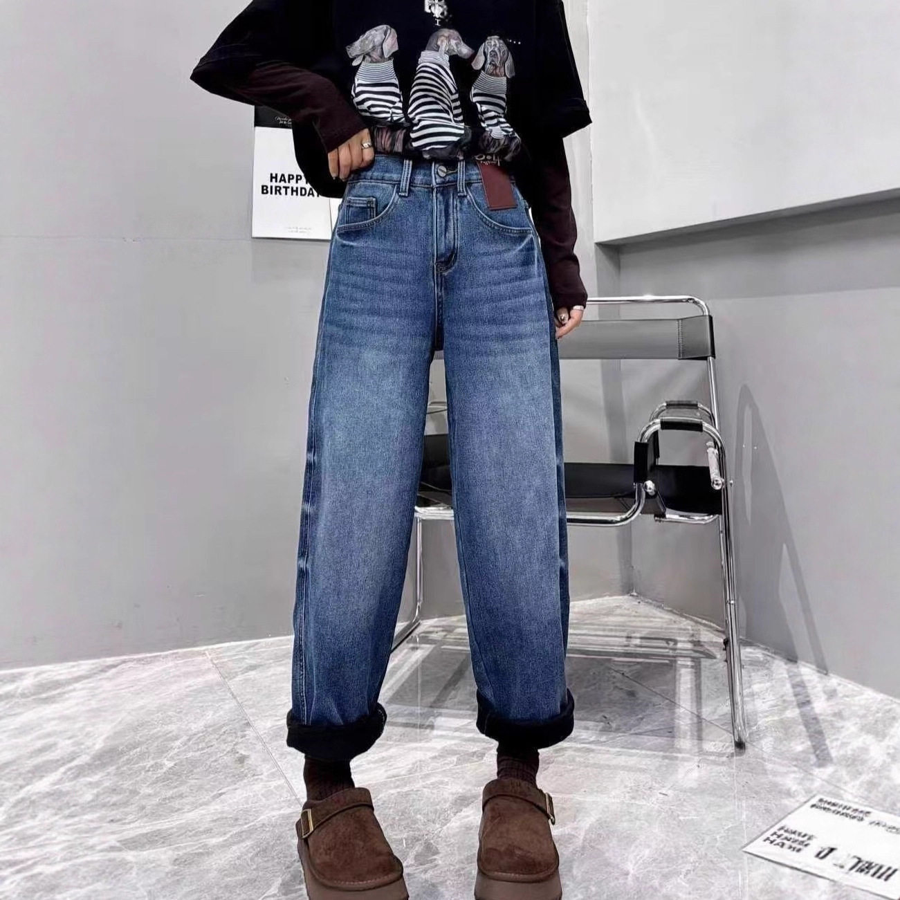 冬季新款加绒加厚牛仔裤显瘦直筒老爹裤大码女装女冬牛仔裤,女装/女士精品,大码裤装,淘宝优惠券,粉丝福利购,淘宝优惠卷