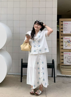 夏日之约/大码韩系新款重工刺绣花束法式系带上衣+A字半身裙套装