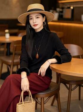 2026秋冬新中式国风女装提花拼接兔毛薄绒打底衫复古百搭小衫上衣