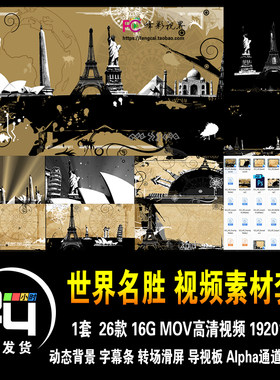 世界地标建筑名胜文化遗产旅游历史素描黑白动态背景高清视频素材