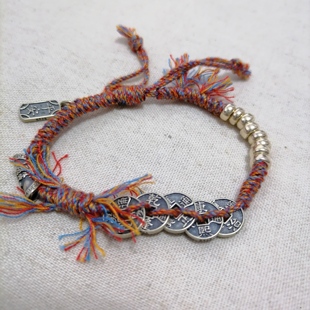 S925纯银富甲天下五帝钱万字符桶珠diy手链文玩手串散珠银配件