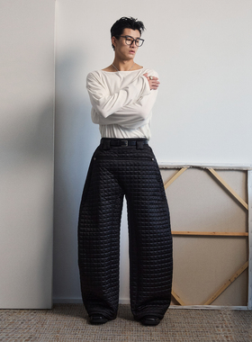 SouthStudio长裤男女同款25冬小方格加棉纹理一字口袋宽松弯刀裤