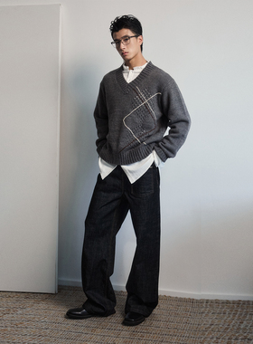 SouthStudio毛衣男女同款v领菱形格子镂空双色26春上新针织外套