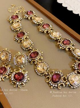 复古方形拼接镶钻项链套装