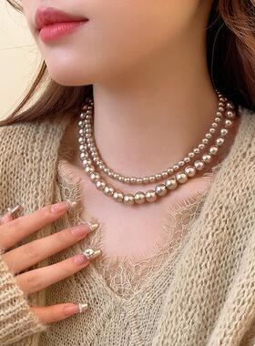 倪妮同款香槟色珍珠项链女