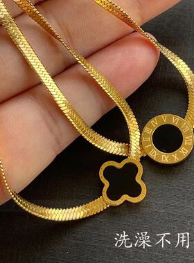 金色四叶草钛钢不掉色不过敏气质时尚蛇骨刀片链网红罗马锁骨链