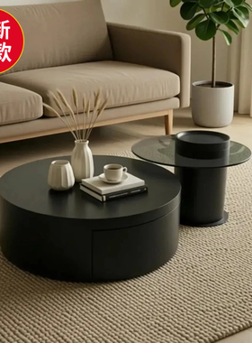 黑色岩板意式极简茶几现代简约客厅家用大小圆形茶桌高级设计师款