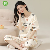 简约全棉韩版 睡衣纯棉女夏季 七分裤 短袖 宽松家居服女可外 加大码