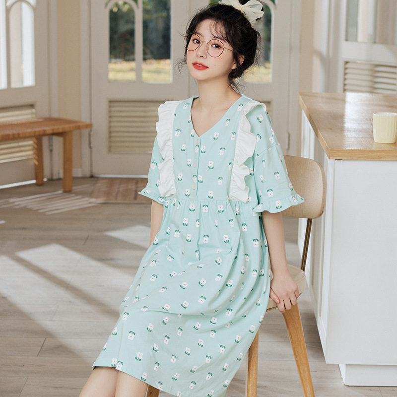 女生短袖睡裙夏季韩版元气少女简约碎花连衣裙夏天清凉舒爽家居服