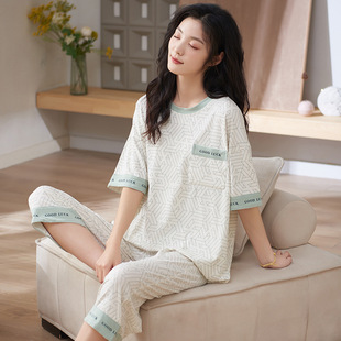 睡衣大码 七分裤 女生夏季 圆领短袖 设计感春夏家居服两件套 时尚 个性