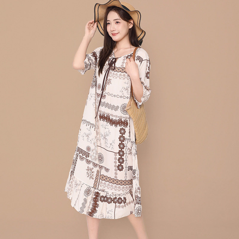 棉绸睡裙女夏中袖中长款宽松大码复古印花睡衣可外穿家居服连衣裙
