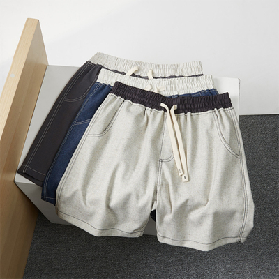 轻奢亚麻拼色男五分松紧腰休闲裤