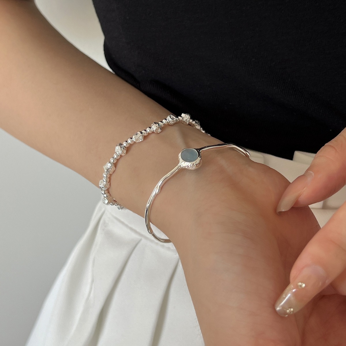 甜酷海蓝宝手镯女微镶锆石精致优雅百搭S925镀银手环ins叠戴手饰