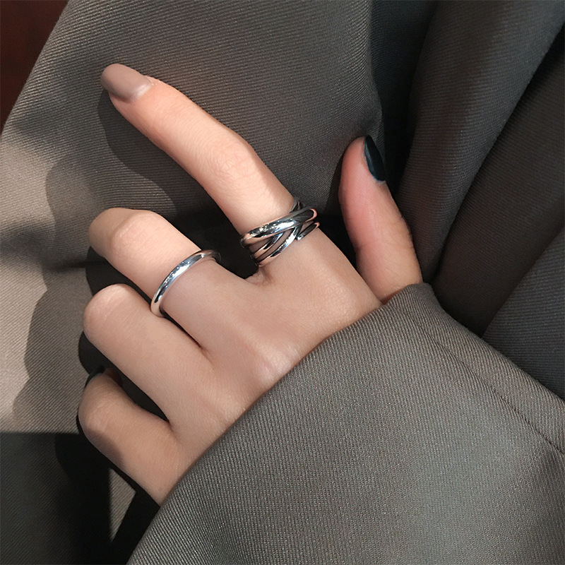 韩版S925银线条交叉戒指女复古时尚简约素圈开口指环多层食指戒潮