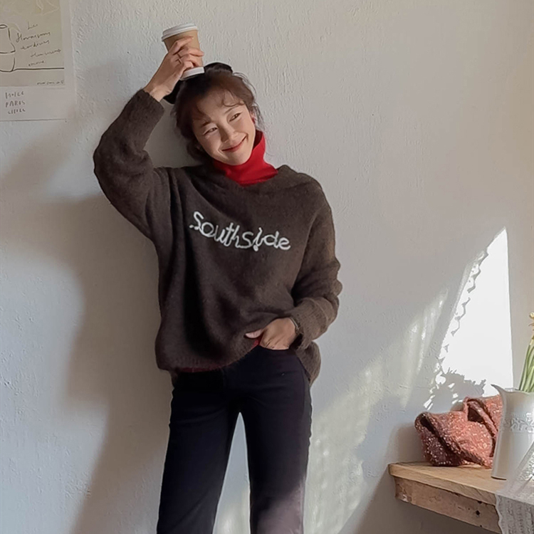 韩系连帽宽松字母印花女针织衫