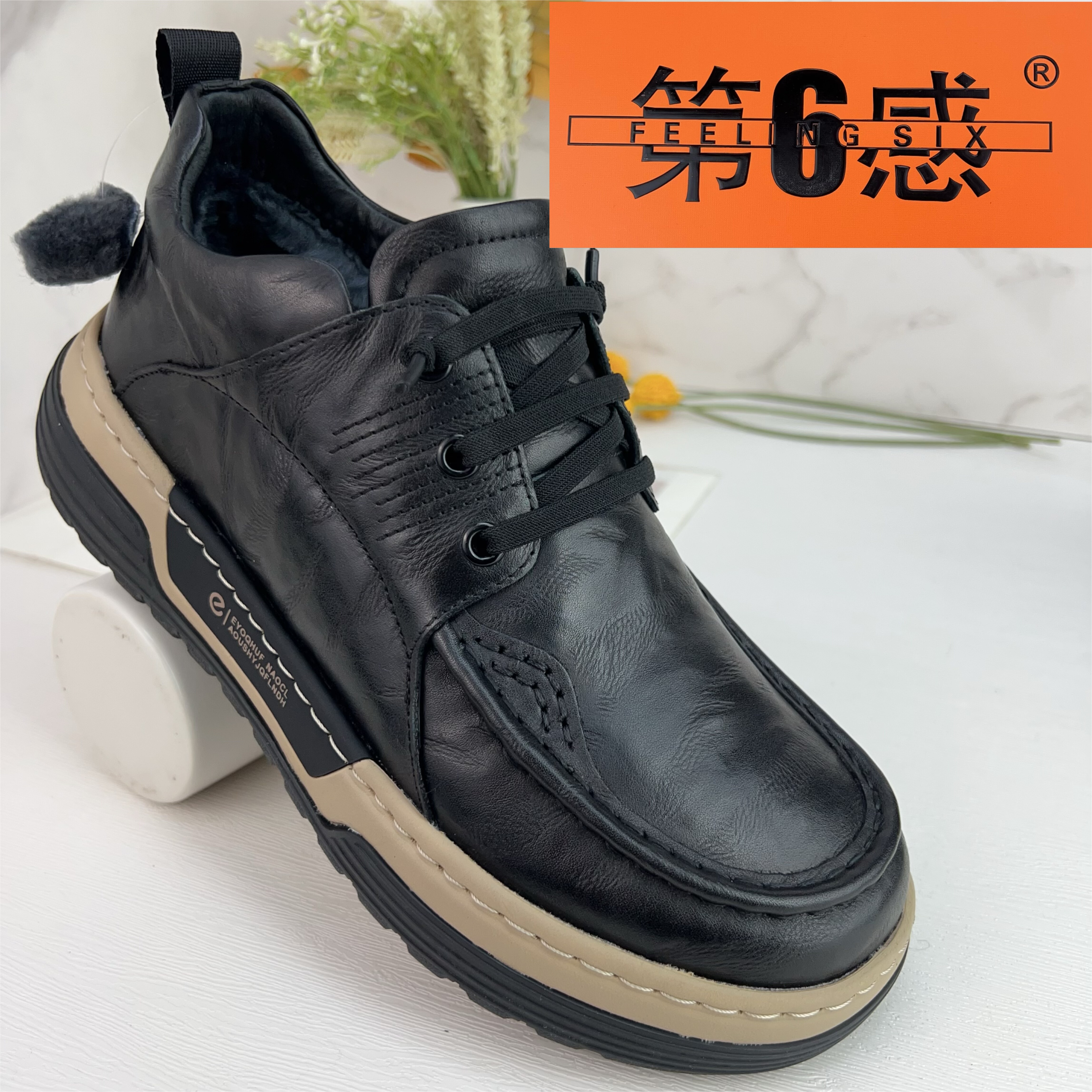 第六感2025新款头层牛皮高帮皮鞋男冬季加绒保暖商务羊毛皮毛一体