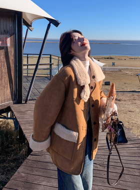 chic港风复古咖色皮毛一体外套女2025新款小个子宽松两穿夹克外套