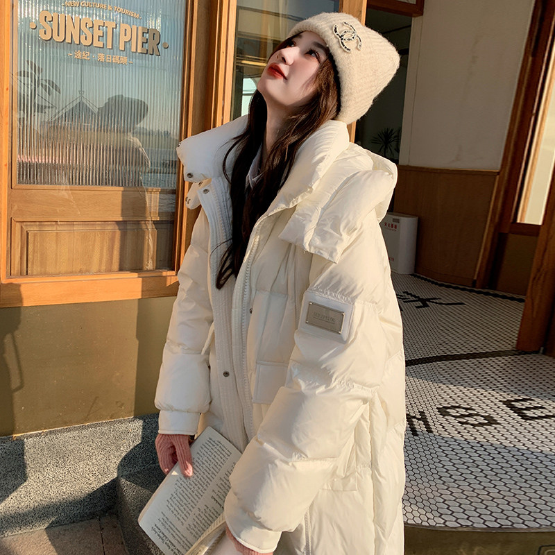 巨好看连帽白色羽绒服外套女中长款2025新款韩版超火宽松白鸭绒冬