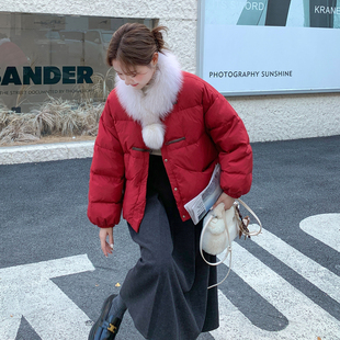 巨好看排骨版红色羽绒服女短款25新款冬季超火真毛围脖小个子外套