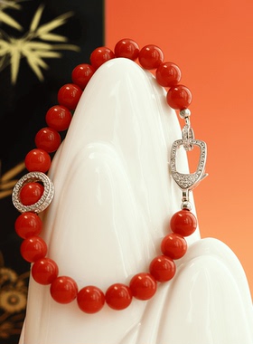 臻品满肉天然南红高奢手链女款纯银满镶嵌钻扣新中式手串生日礼物